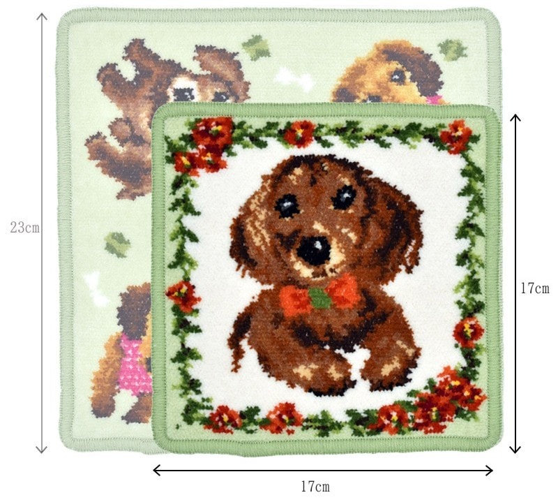 アーンジョー シェニール織 ダックス ハンカチセット（23cmと17cmサイズ)(グリーン)