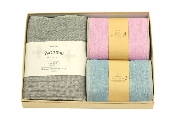 【ギフト】バスマット備長炭・ウォーキングタオル2本(若紫・水色)