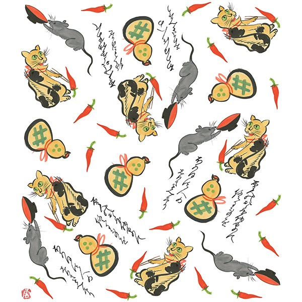 絵便りふきん　-大津絵-　猫と鼠