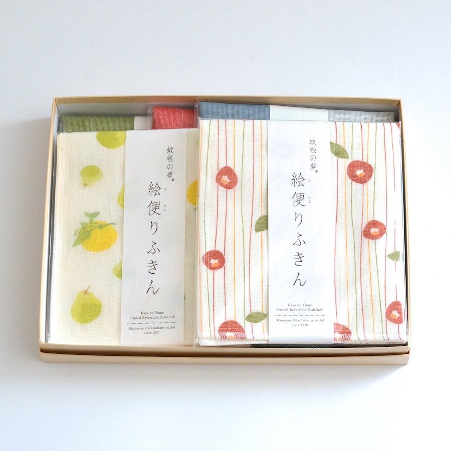 【ギフト】蚊帳生地ふきん5枚セット＜冬｜柚子と椿＞