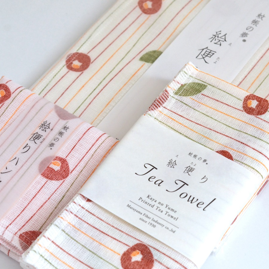 【ギフト】絵便りふきん・ティータオル・ハンカチセット｜椿＜箱入｜２,000円台＞