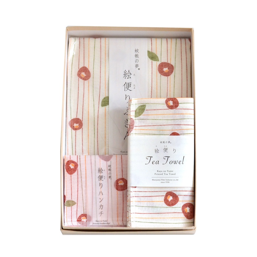 ギフト】絵便りふきん・ティータオル・ハンカチセット｜椿＜箱入｜2