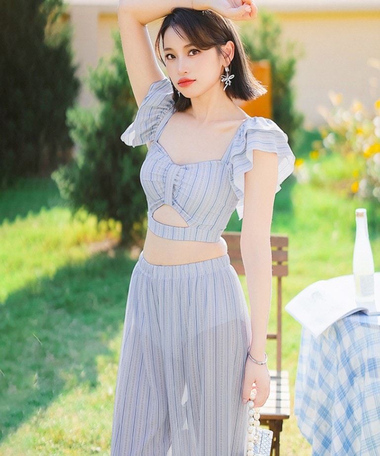 ワイドパンツ 付き ダブルフリル スイムウェア 水着