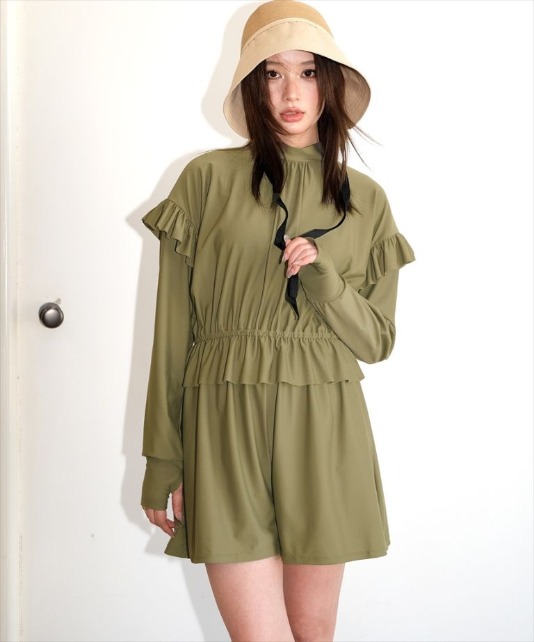 【紫外線カット率99％以上】フリル オールインワン ラッシュガード 付き 体型カバー セットアップ 水着