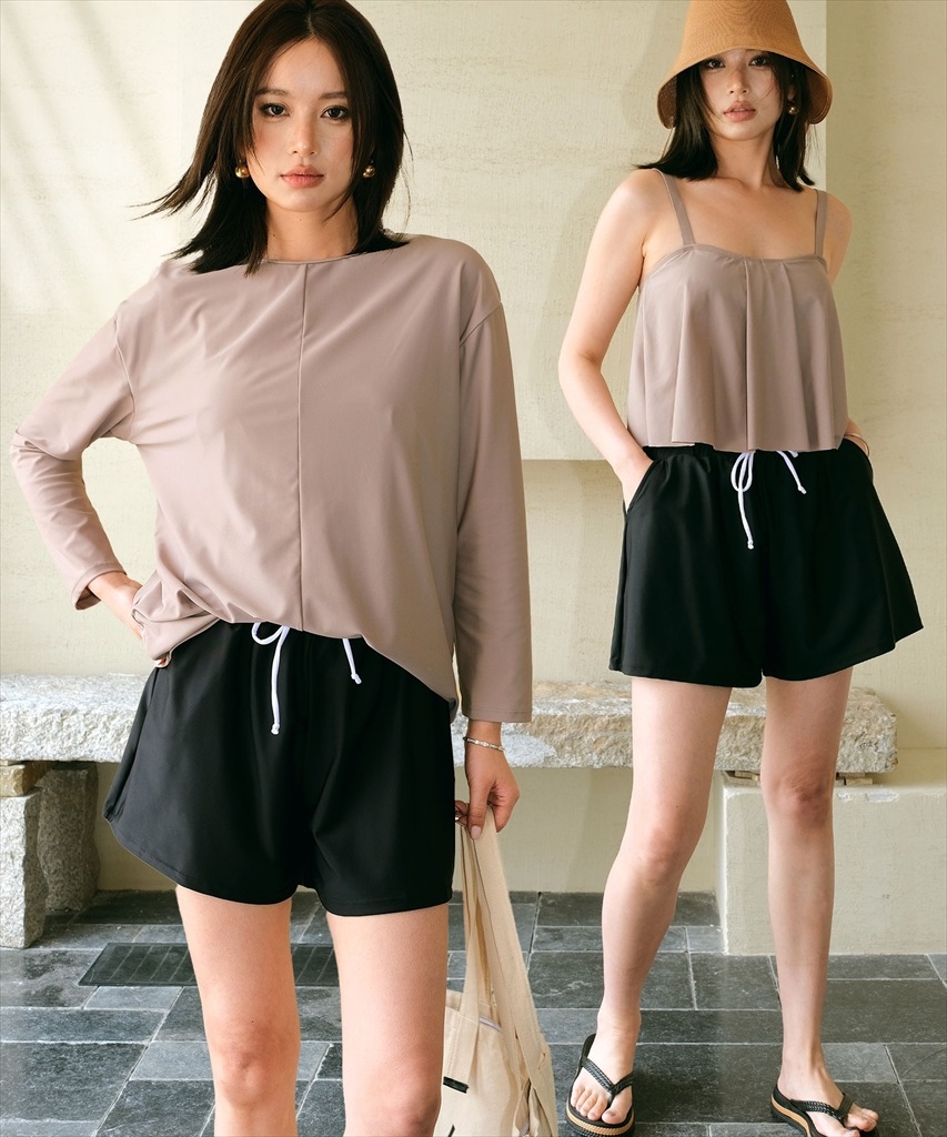 【紫外線カット率99%以上】ラッシュガード 付き フレア キャミ タンキニ 体型カバー 水着 セットアップ サウナ 温泉