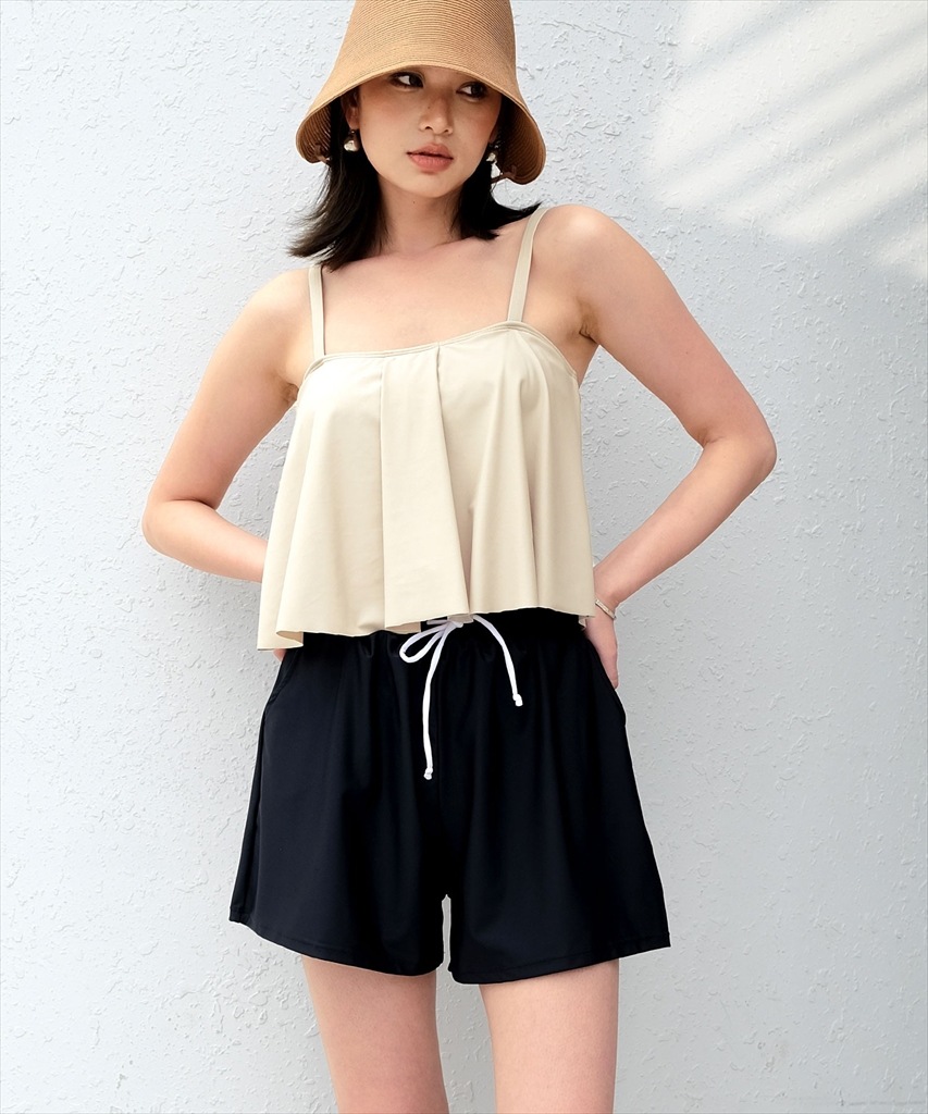 【紫外線カット率99%以上】ラッシュガード 付き フレア キャミ タンキニ 体型カバー 水着 セットアップ サウナ 温泉