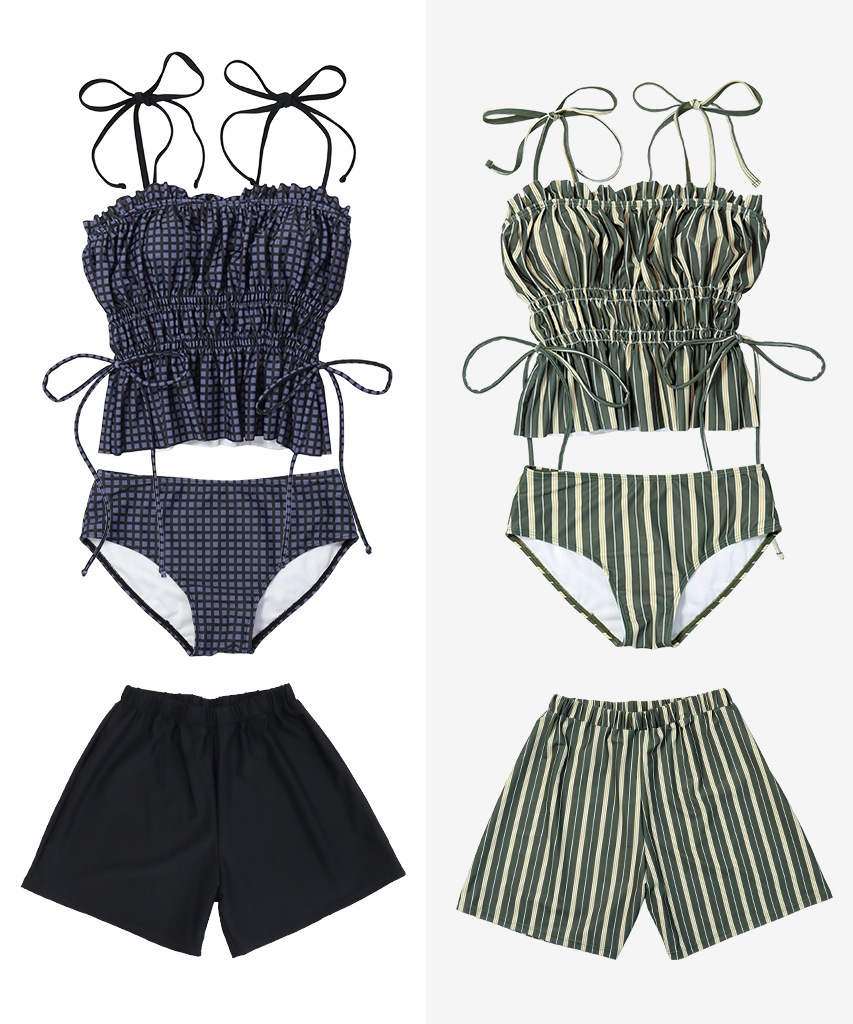 シャーリング フリル キャミソール 水着 セットアップ キャミソールビキニ ショートパンツ 3点セット