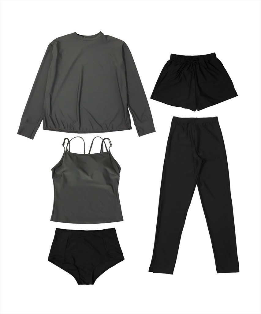 【紫外線カット率99%以上】ドロスト ラッシュガード 付き 体型カバー キャミソール 水着 セットアップ 5点セット