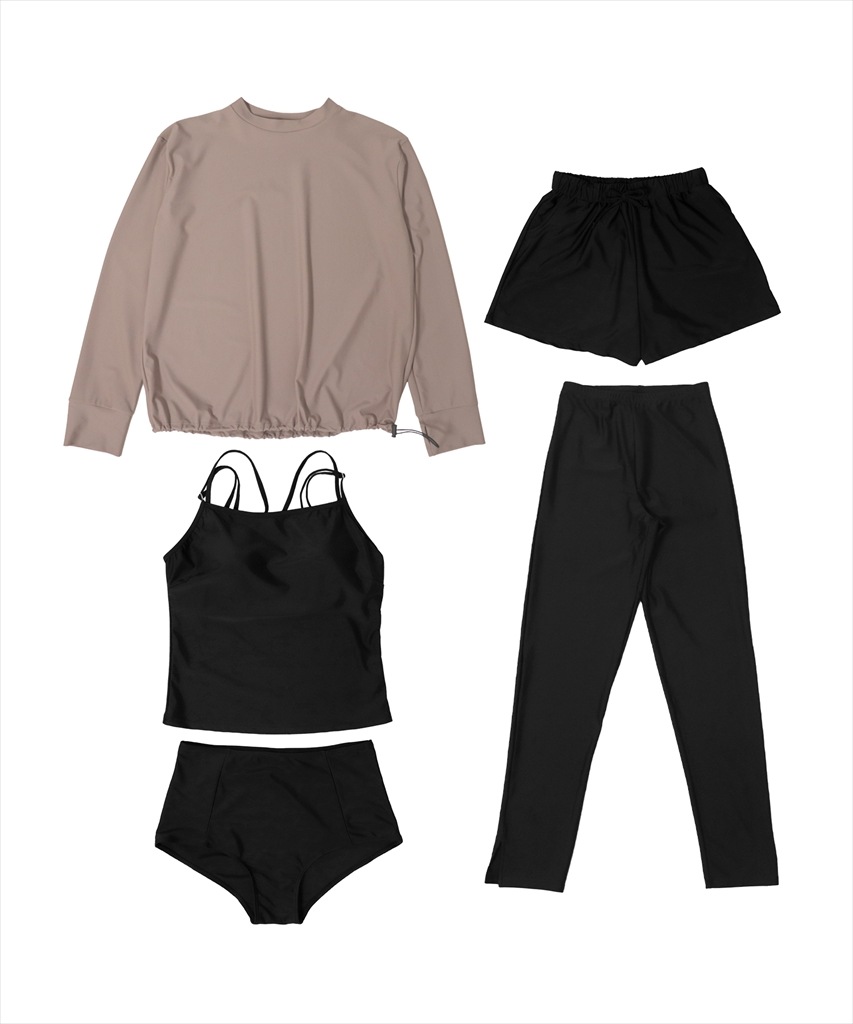 【紫外線カット率99%以上】ドロスト ラッシュガード 付き 体型カバー キャミソール 水着 セットアップ 5点セット