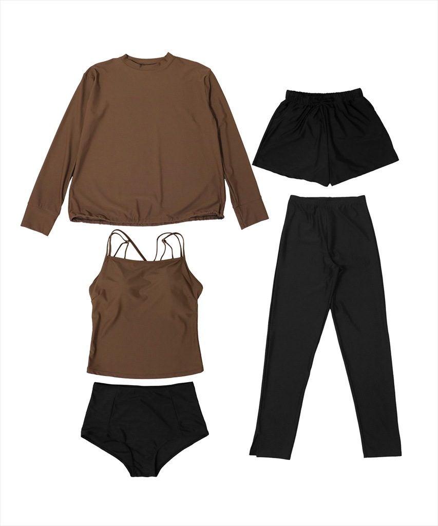 【紫外線カット率99%以上】ドロスト ラッシュガード 付き 体型カバー キャミソール 水着 セットアップ 5点セット