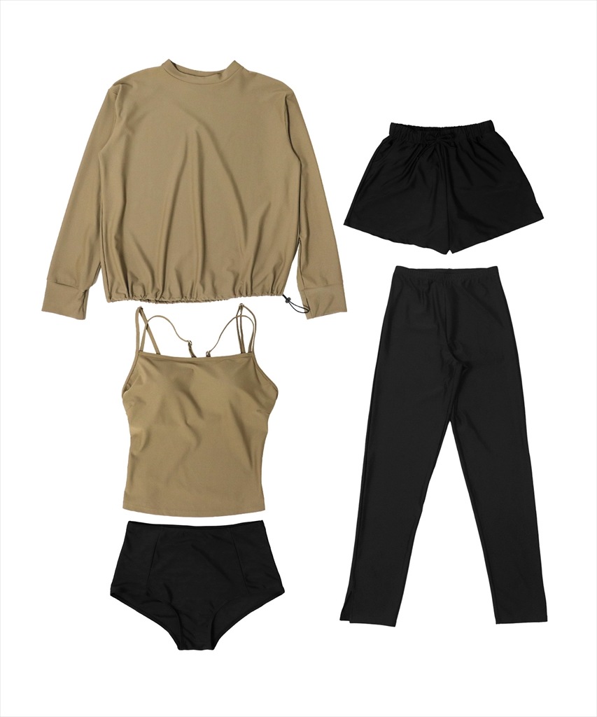 【紫外線カット率99%以上】ドロスト ラッシュガード 付き 体型カバー キャミソール 水着 セットアップ 5点セット