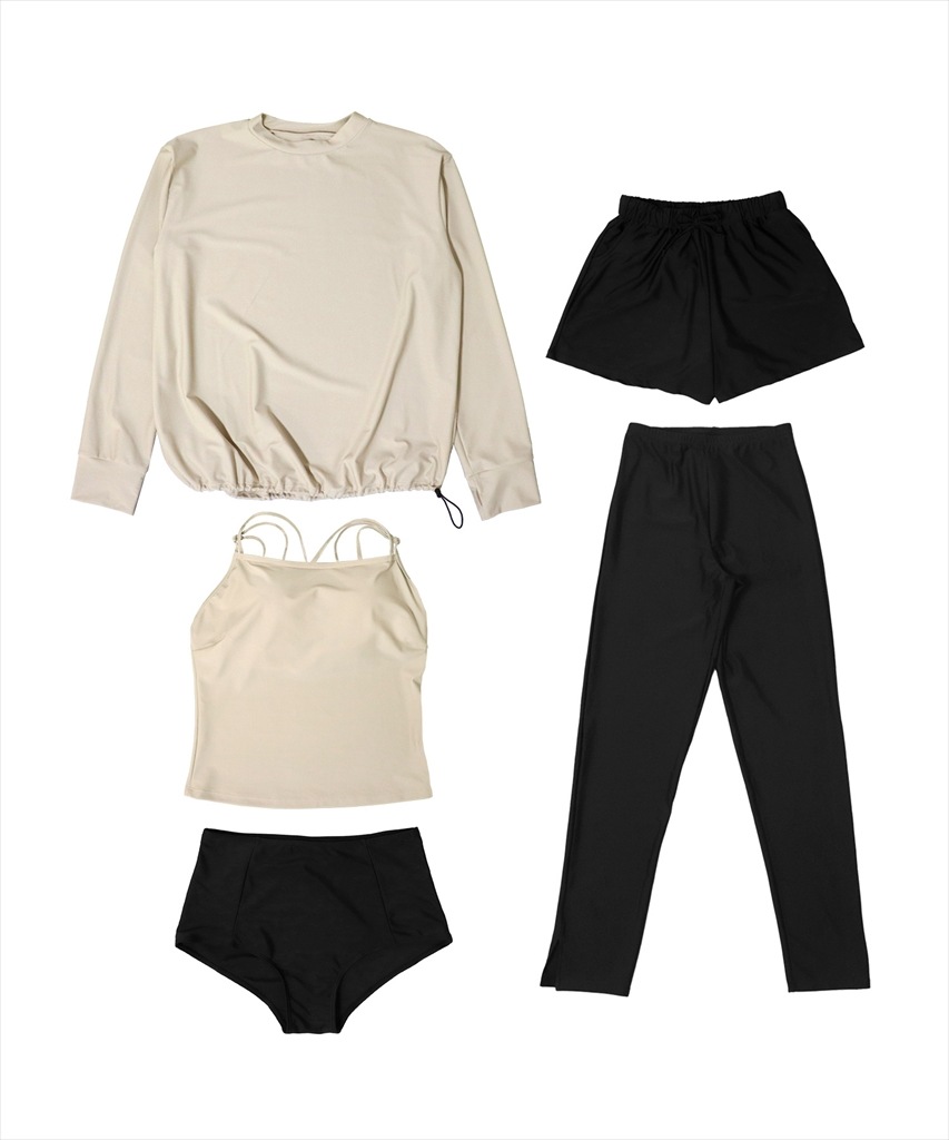 【紫外線カット率99%以上】ドロスト ラッシュガード 付き 体型カバー キャミソール 水着 セットアップ 5点セット