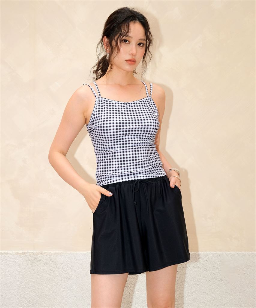 【紫外線カット率99%以上】ドロスト ラッシュガード 付き 体型カバー キャミソール 水着 セットアップ 5点セット