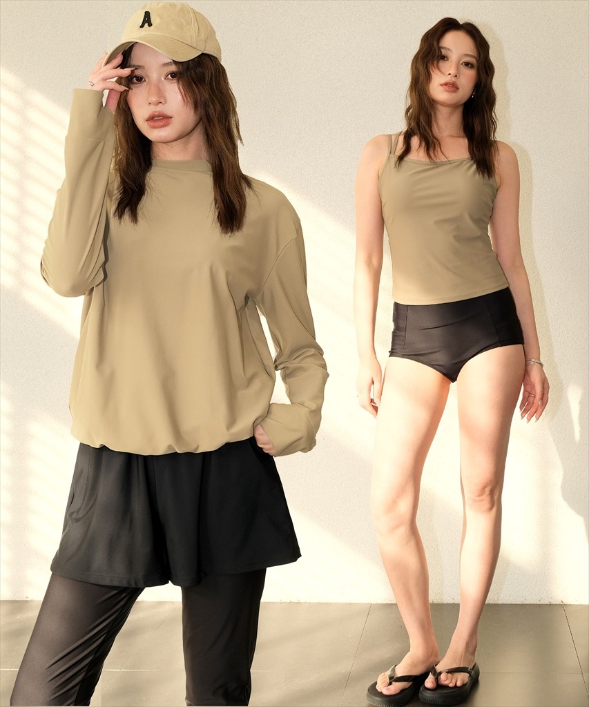 【紫外線カット率99%以上】ドロスト ラッシュガード 付き 体型カバー キャミソール 水着 セットアップ 5点セット