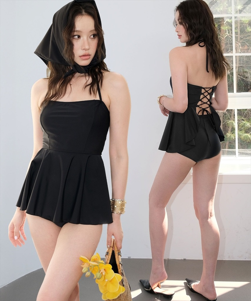 【2025年新作水着】スカーフ付き ペプラム キャミソール 水着 セットアップ 体型カバー 3点セット