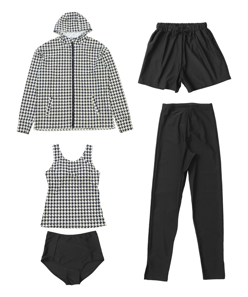 【紫外線カット率99％以上】フードパーカー ラッシュガード 付き タンキニ 水着 セットアップ 体型カバー 5点セット