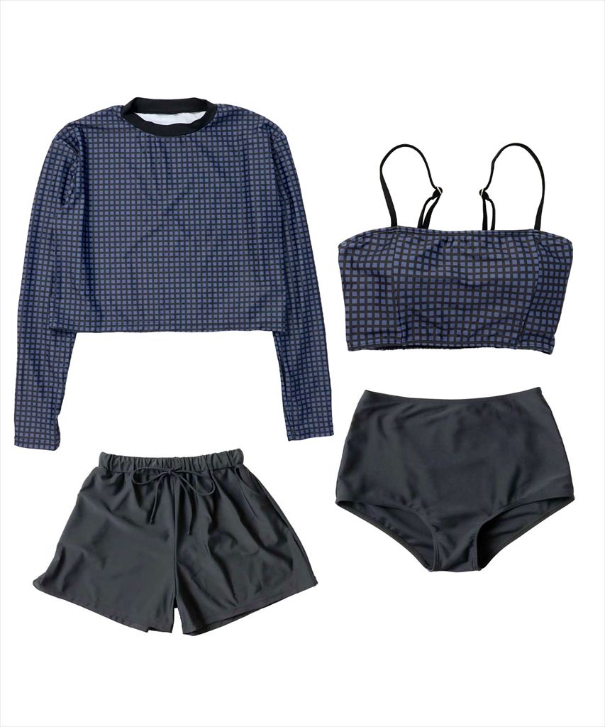 【UVカット】ショート丈 ラッシュガード 付き ビキニ 水着 セットアップ 体型カバー 4点セット レディース uvカット