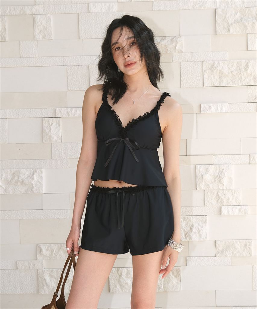 水着 レディース 体型カバー ビキニ セットアップ 3点セット キャミソール ショートパンツ