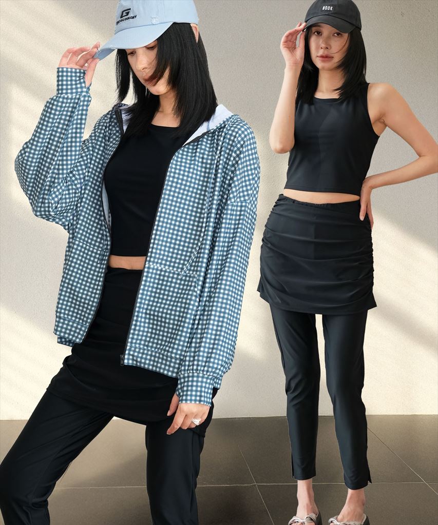 【UVカット率 99%以上/UPF50+】レディース水着 長袖ラッシュガード ジップパーカー タンキニ スカートレギンス 付き 4点セット 水陸両用 フィンガーホール付きラッシュガードパーカー フィットネス セパレート セットアップ