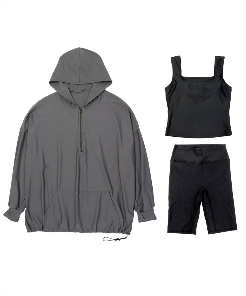 【UVカット】水着 レディース 体型カバー ハーフジップ フーディ ラッシュガード ハーフレギンス 付き 3点セット UPF50+ uvカット フィットネス 水陸両用 セットアップ セパレート