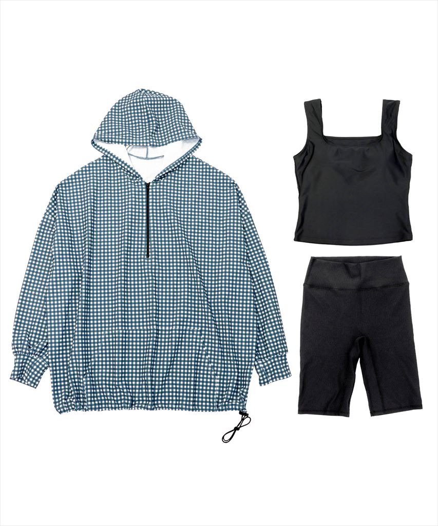 【UVカット】水着 レディース 体型カバー ハーフジップ フーディ ラッシュガード ハーフレギンス 付き 3点セット UPF50+ uvカット フィットネス 水陸両用 セットアップ セパレート
