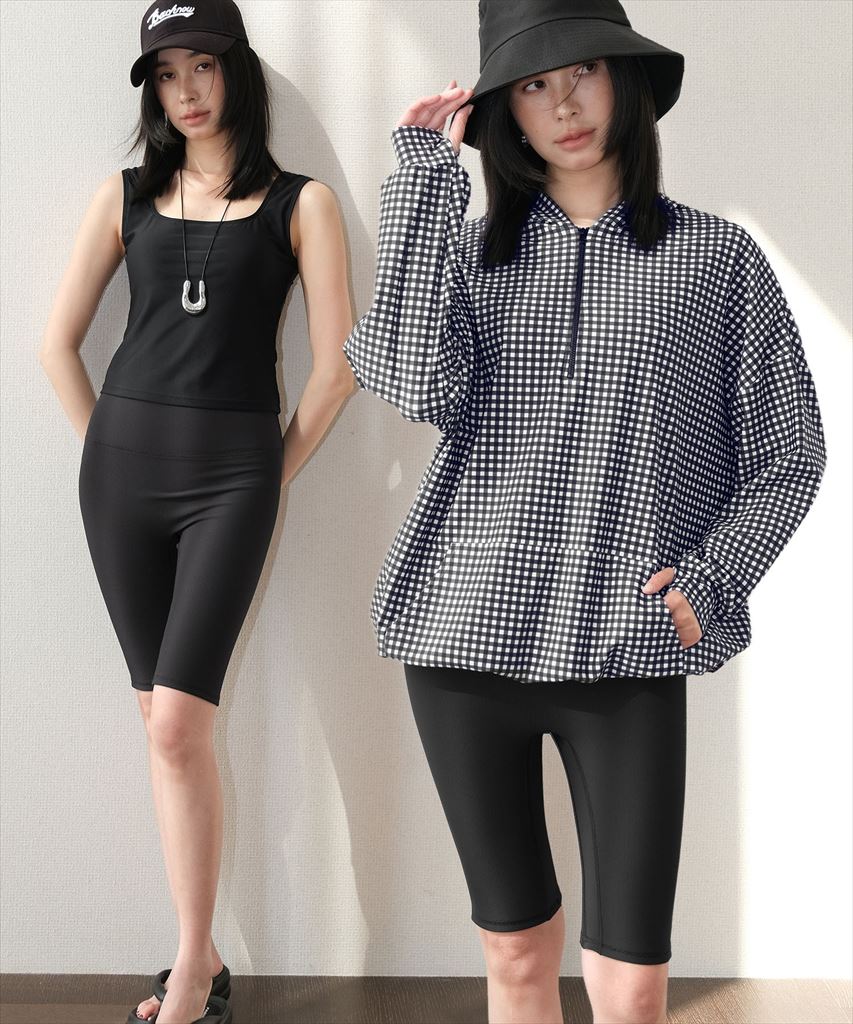 【UVカット】水着 レディース 体型カバー ハーフジップ フーディ ラッシュガード ハーフレギンス 付き 3点セット UPF50+ uvカット フィットネス 水陸両用 セットアップ セパレート