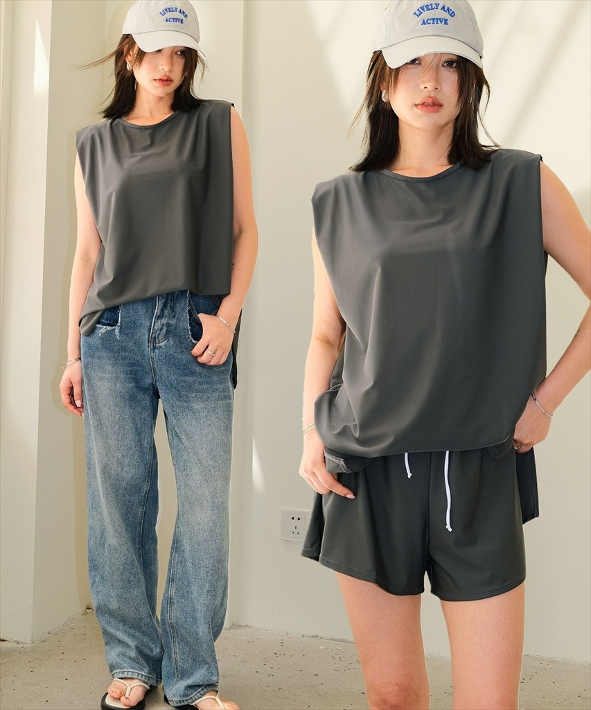 【紫外線カット率99%以上】ノースリーブ ラッシュガード 水着 セットアップ 体型カバー カバーアップ ヨガ ピラティス サウナ 温泉