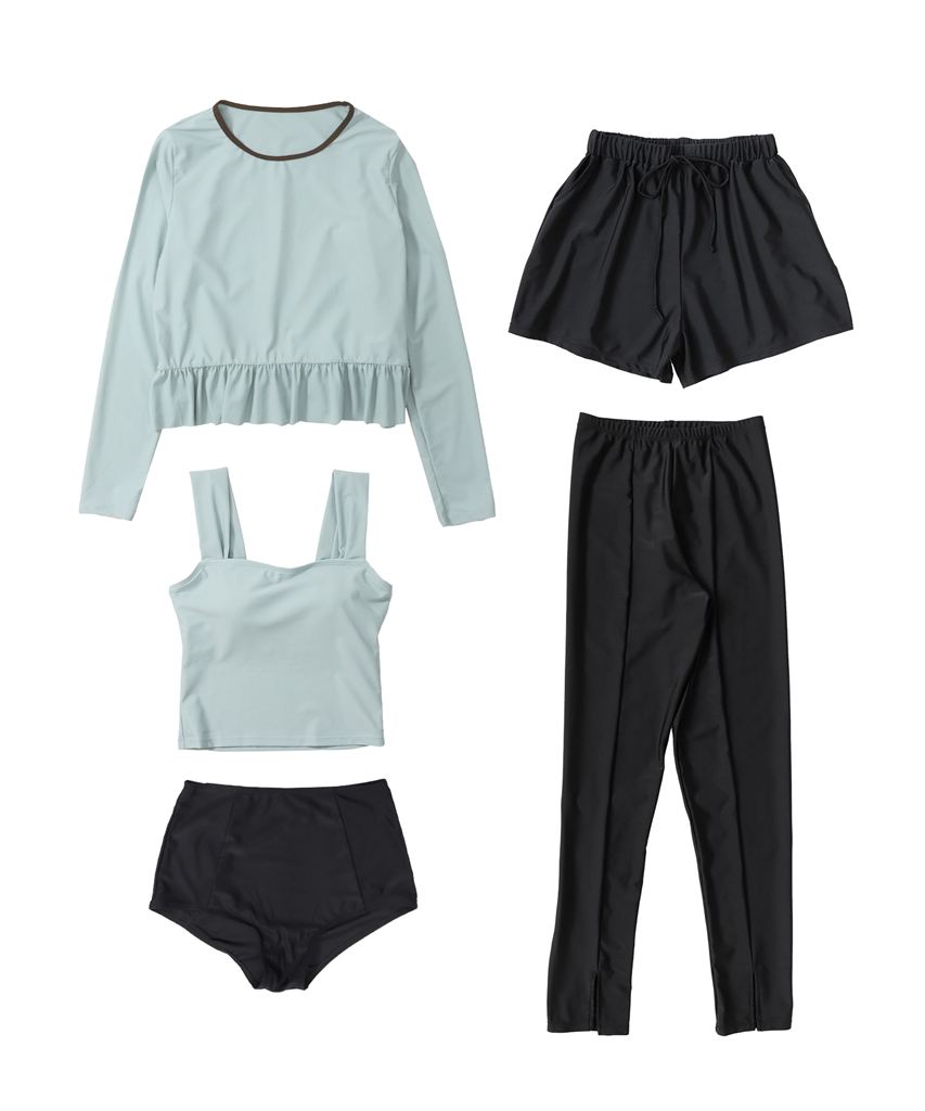 【UVカット】水着 レディース 体型カバー ラッシュガード フリルトップス 5点セット uvカット