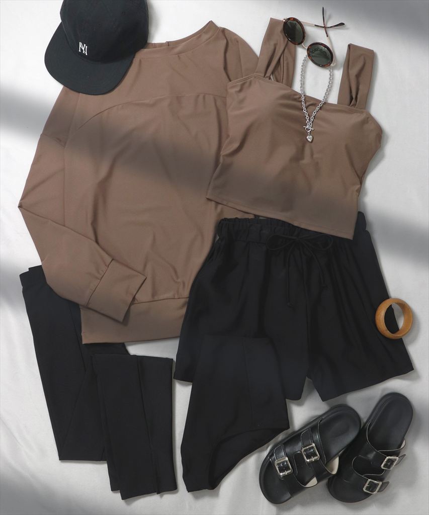 【UVカット】水着 レディース 体型カバー ヘンリーネック ラッシュガード 長袖 レギンス 付き タンキニ ショートパンツ