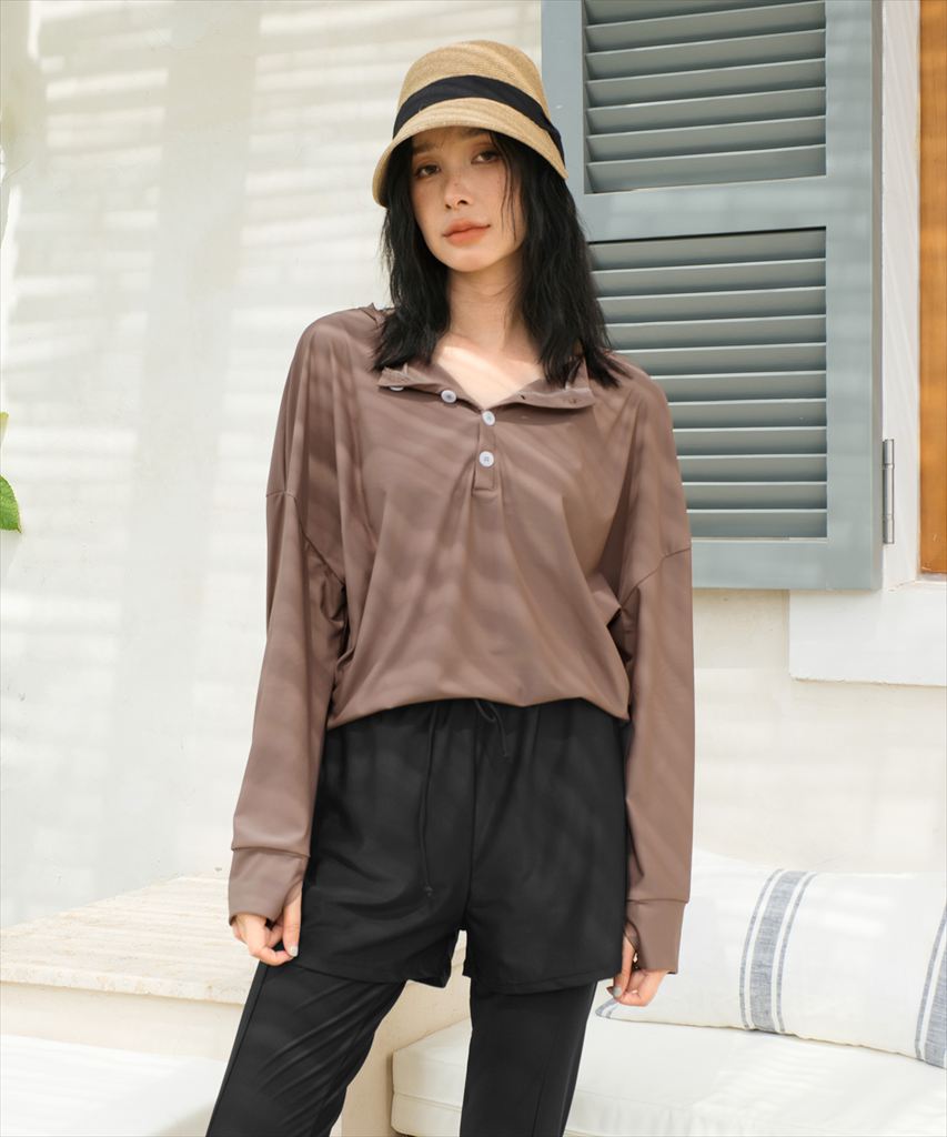 【UVカット】水着 レディース 体型カバー ヘンリーネック ラッシュガード 長袖 レギンス 付き タンキニ ショートパンツ