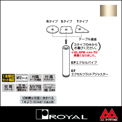 ロイヤル テーブル脚 エクセルフレームフラット木部タイプセット60φ EFW-60-R/S/T ~320mm Aニッケルサテン