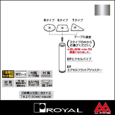 ロイヤル テーブル脚 エクセルフレームフラット木部タイプセット76φ EFW-76-R/S/T ~320mm クローム