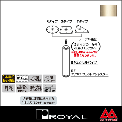 ロイヤル テーブル脚 エクセルフレームフラット木部タイプセット76φ EFW-76-R/S/T ~320mm Aニッケルサテン