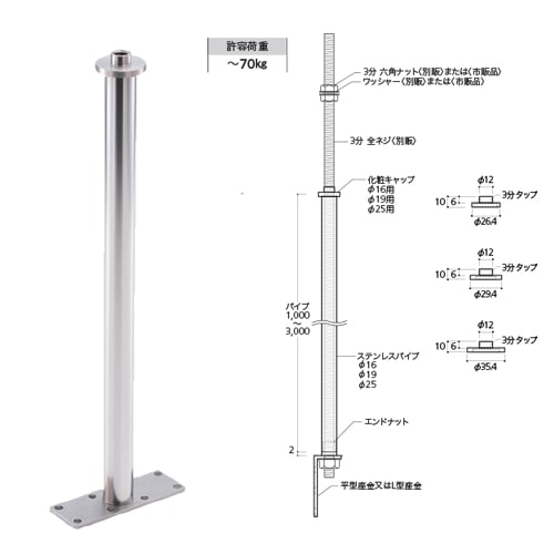 天井吊り棒 L型金具タイプ CBD-SSL1610 φ16 x 1000mm ステンレスヘアライン仕上