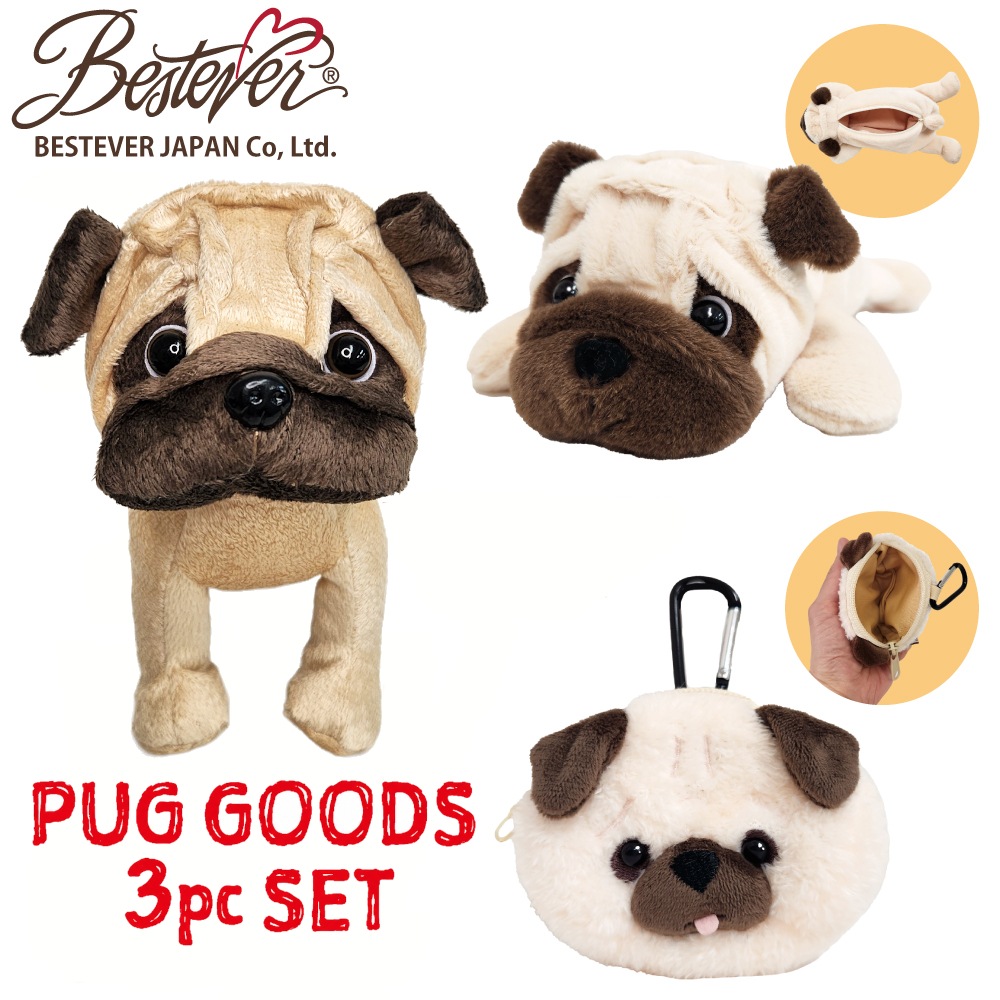 BESTEVER】パグ グッズ 3点セット 犬 Pug ぬいぐるみ まある ポーチ
