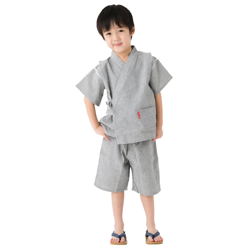 日本製 子供用 甚平 男の子ヒッコリー 久留米織 ヒッコリー柄 おしゃれ かっこいい 夏祭り 浴衣 七五三 人気 サイズ 90・100・110・120・130