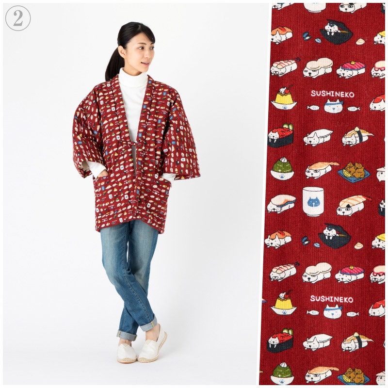 猫柄プリント綿入り久留米袢纏 はんてん 女性用 かわいい ネコ 防寒着 日本製　送料無料