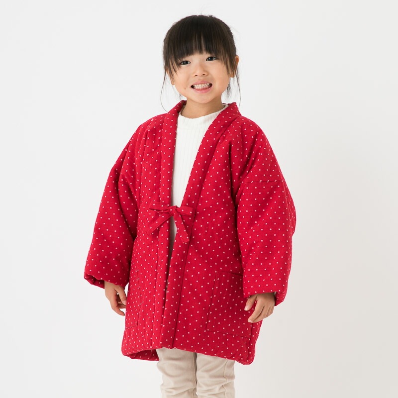 日本製 久留米織 子供用 綿入れはんてん【120～140サイズ】ドビー織 豆四角柄 男の子 女の子