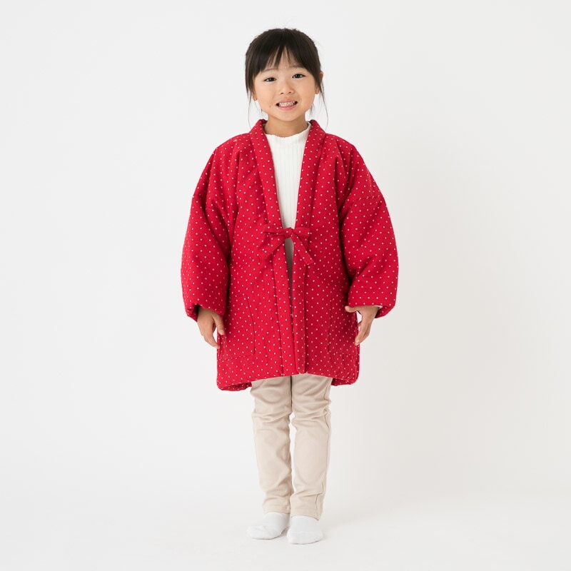 日本製 久留米織 子供用 綿入れはんてん【120～140サイズ】ドビー織 豆四角柄 男の子 女の子