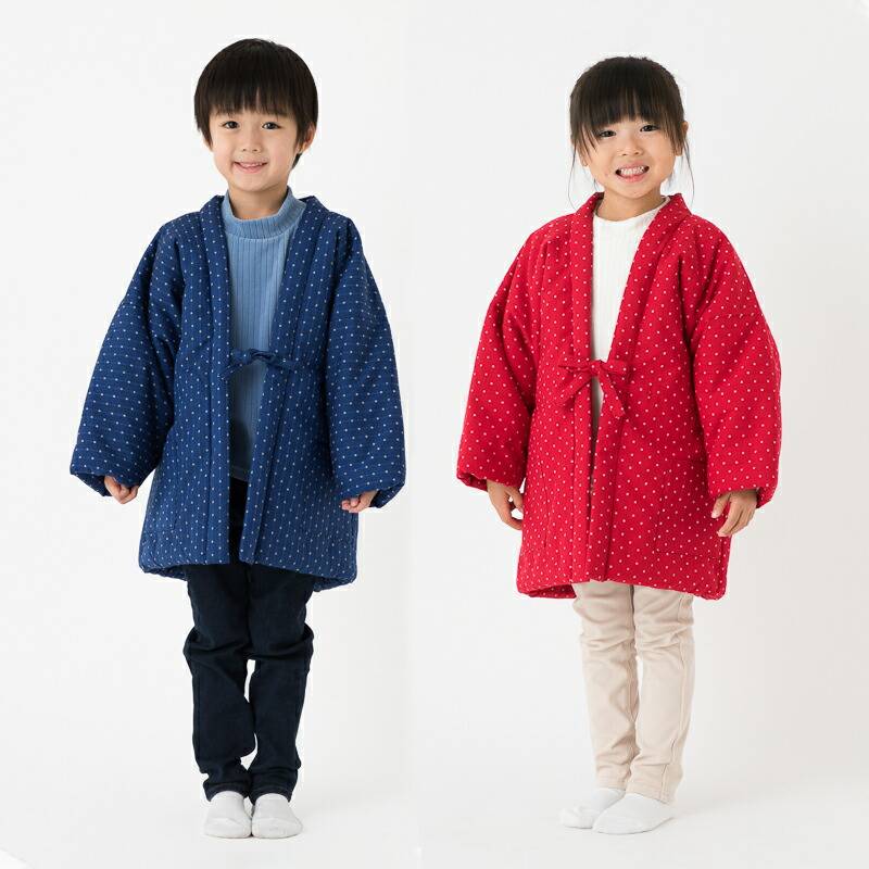 日本製 久留米織 子供用 綿入れはんてん【120～140サイズ】ドビー織 豆四角柄 男の子 女の子