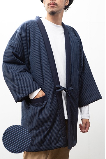 綿入れはんてん 男性用 前合わせ兼用 紬織かつお縞 大判(LL)サイズ プレゼント 日本製