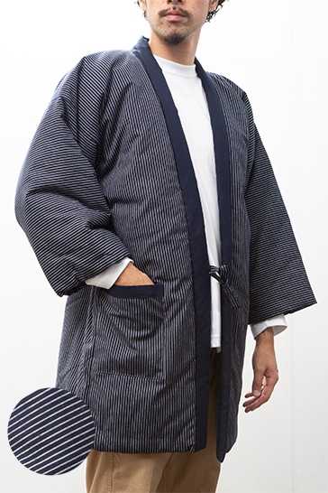 綿入れはんてん 男性用 前合わせ兼用 紬織かつお縞 大判(LL)サイズ プレゼント 日本製