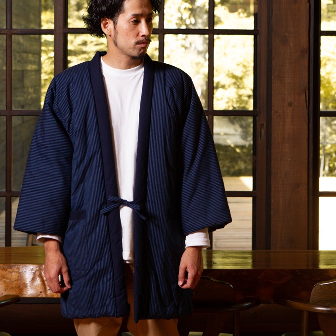 綿入れはんてん 男性用 前合わせ兼用 紬織かつお縞 大判(LL)サイズ プレゼント 日本製