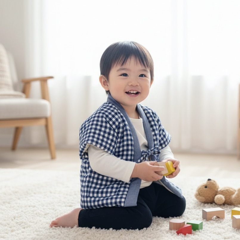 綿入れはんてん 子供用 ギンガムチェック柄 リメイク版 90 100 110 サイズ プレゼント 日本製