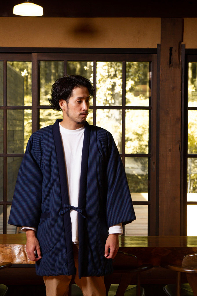 綿入れはんてん 男性用 前合わせ兼用 紬織かつお縞 大判(LL)サイズ プレゼント 日本製