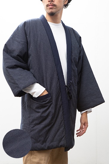 綿入れはんてん 男性用 前合わせ兼用 紬織かつお縞 大判(LL)サイズ プレゼント 日本製