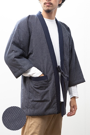 綿入れはんてん 男性用 前合わせ兼用 紬織 かつお縞