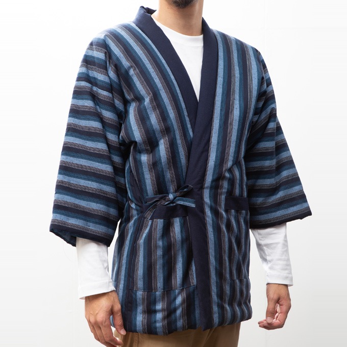 綿入れはんてん 男性用 前合わせ兼用 紬織 かつお縞 フリーサイズ プレゼント 日本製