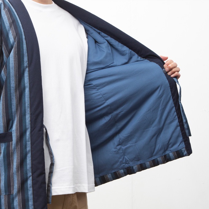 綿入れはんてん 男性用 前合わせ兼用 紬織 かつお縞 フリーサイズ プレゼント 日本製