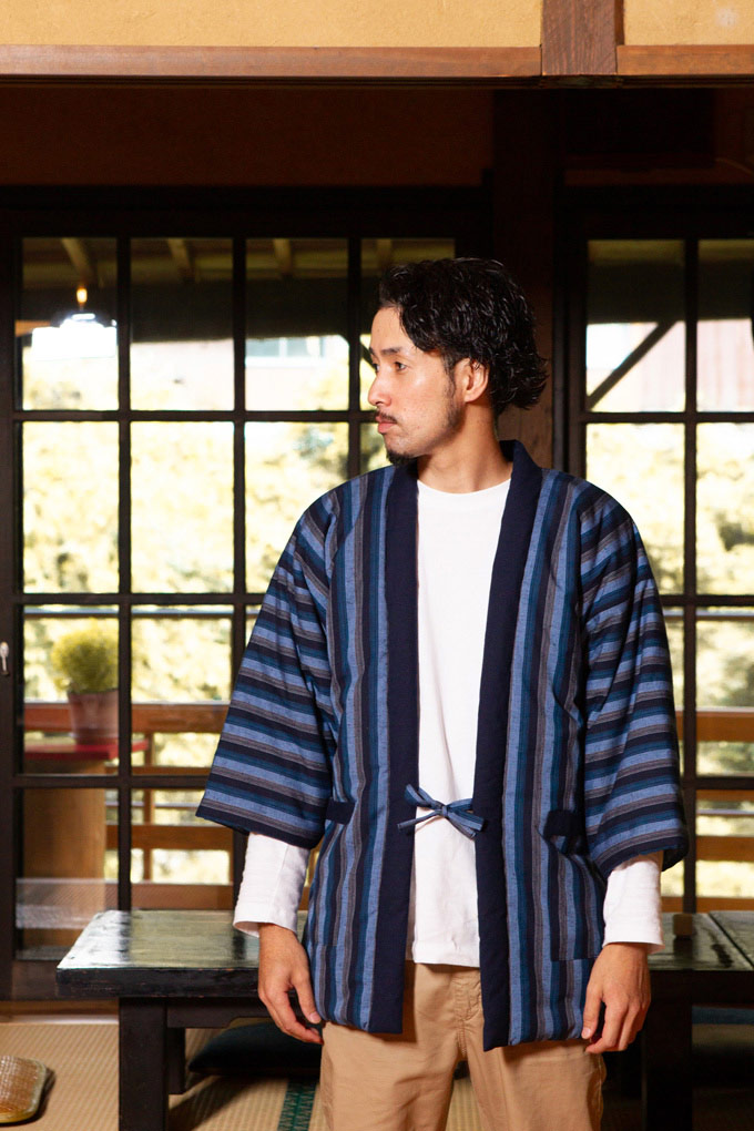 綿入れはんてん 男性用 前合わせ兼用 紬織 かつお縞 フリーサイズ プレゼント 日本製